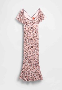 Gėlių rašto suknelė su šviesiai rožiniu fonu ir daugiaspalviais taškeliais. Suknelė turi trumpas, vėduoklės formos rankoves ir aptemptą siluetą.