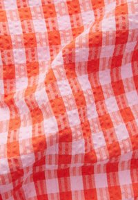 Röd- och vitrutigt tyg med ett texturerat mönster. Rutorna är jämnt vävda och visar alternerande livfulla röda och blekrosa rutor.