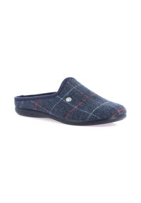 Pantofole blu navy senza lacci realizzate in tessuto a righe herringbone con linee rosse e blu; suola in gomma; morbida fodera interna.