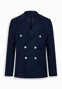 Blazer azul marino de doble botonadura con seis botones blancos, solapas con muesca, un bolsillo en el pecho y dos bolsillos parche en la parte inferior, exhibido sobre un fondo blanco.