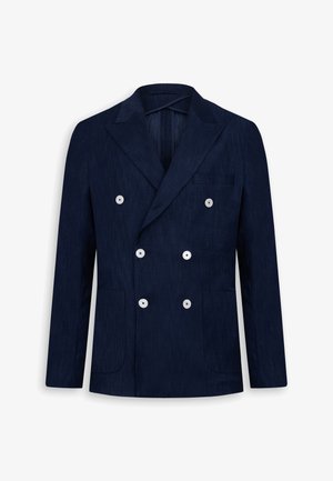 Blazer azul marino de doble botonadura con seis botones blancos, solapas con muesca, un bolsillo en el pecho y dos bolsillos parche en la parte inferior, exhibido sobre un fondo blanco.