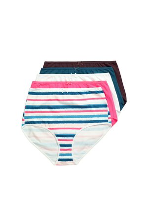 Fem damers trusser med høj talje i stribet, pink, hvid, blågrøn og mørkebrun farve, hver med en lille sløjfe foran.