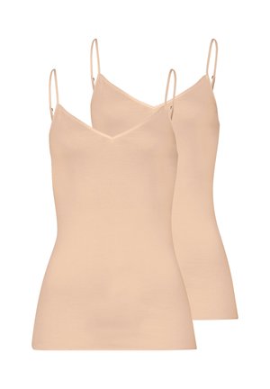 Due camicette beige con sottili spalline regolabili e scollature a V, mostrate sovrapposte su uno sfondo bianco.