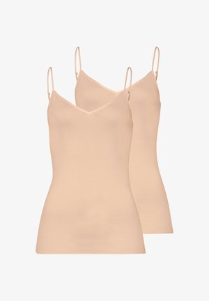 Deux camisoles beige avec bretelles fines ajustables et encolures en V, présentées superposées sur un fond blanc.