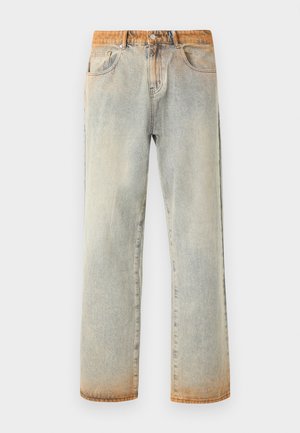Light blue denim jeans with a straight cut, featuring a faded wash and orange-brown accents on the waistband and pocket stitching.