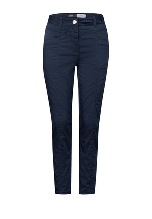 Pantalons slim-fit bleu marine en tissu lisse, avec une fermeture à bouton sur le devant, des passants de ceinture et des détails de couture discrets sur les côtés.