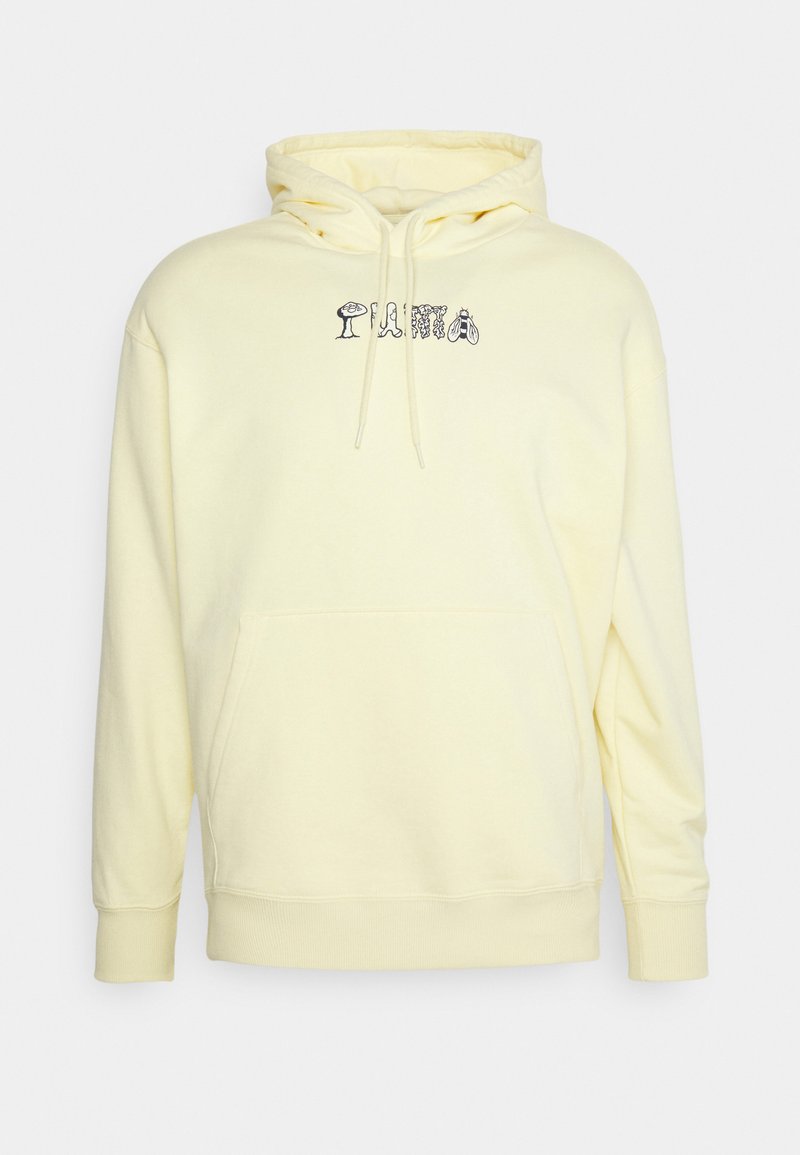 Hoodie à capuche jaune en tissu doux, doté d'une poche kangourou à l'avant et de cordons de serrage. Le design graphique sur la poitrine comprend un texte stylisé.