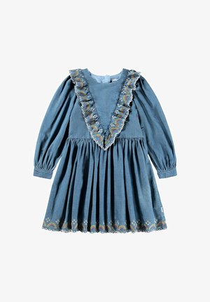 Spijkerjurk met lange mouwen, V-vormige gerimpelde halslijn en regenboogborduursel langs de zoom. Geplooide rok en elastische manchetten.