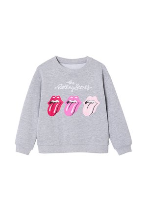 Grey sweatshirt with three Rolling Stones tongue logos in red, pink, and light pink shades, and "the Rolling Stones" text above.