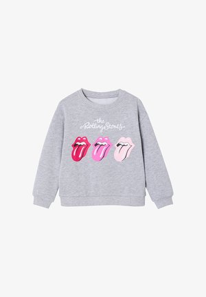 Grauer Pullover mit drei Rolling Stones Zungen-Logos in Rot, Pink und Hellpink sowie dem Schriftzug "the Rolling Stones" darüber.