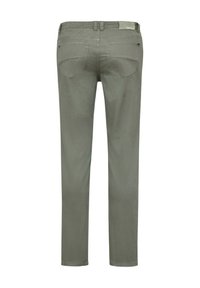 Olive green jeans with a slim fit, five pockets, and stitched detailing on the back. Fabric has a smooth texture and visible seam lines.