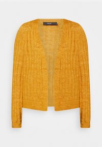 Žlutý cardigan vyrobený z měkkého pleteného materiálu. Má žebrovanou texturu, otevřený přední design a dlouhé rukávy s úzkými manžetami.