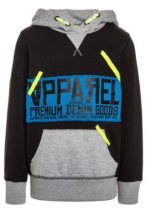 Czarna i szara bluza z kapturem z kieszenią z przodu, neonowożółtymi akcentami oraz niebieskim napisem na panelu "APPAREL Premium Denim Goods".