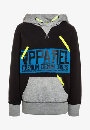 Černá a šedá mikina s kapucí, s přední kapsou, neonově žlutými akcenty a modrým textem na panelu "APPAREL Premium Denim Goods."