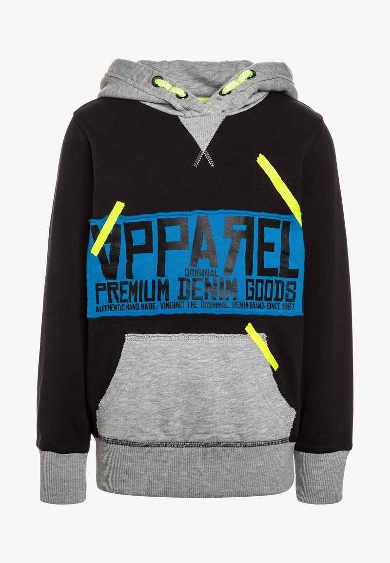 Sweat à capuche noir et gris avec une poche avant, des accents jaune néon, et un texte en panneaux bleus indiquant "APPAREL Premium Denim Goods".
