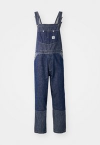 Pantalones de mezclilla azules con tirantes a rayas, que incluyen un bolsillo frontal y un patrón de rayas contrastantes en los dobladillos. Con tirantes ajustables.