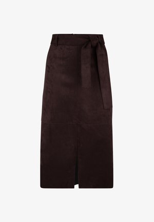 Brown suede midi skirt with a tie belt, featuring an A-line silhouette, side slit, and seamless stitching details.