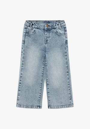 Pantalones vaqueros de pierna ancha azul claro con pretina elástica, cierre frontal con botón, bolsillos delanteros y trabillas para cinturón.