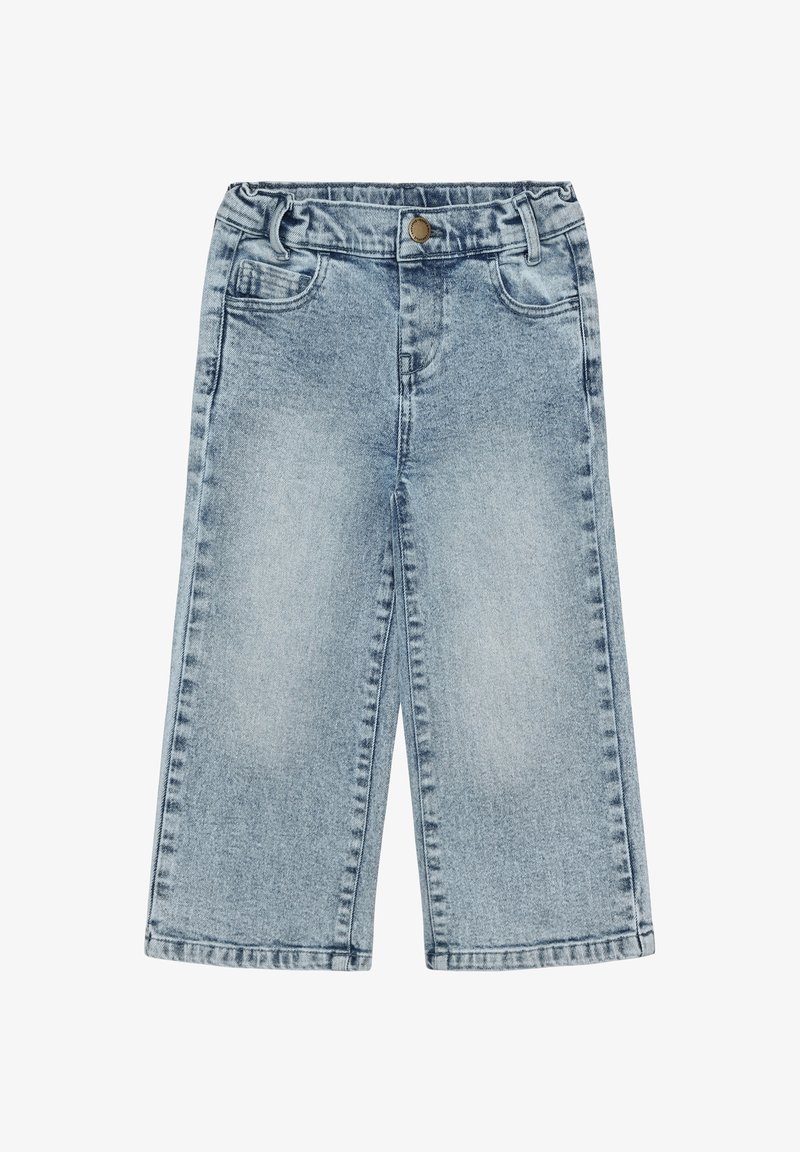 Lyseblå denimbukser med vide ben, elastisk taljebånd, knaplukning foran samt forlommer og bæltestropper.