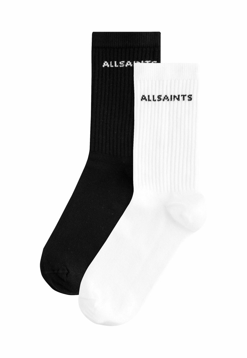 Calze rigide bianco e nere, con il logo "ALLSAINTS" in testo a contrasto sulla parte superiore, realizzate in una morbida miscela di tessuti.