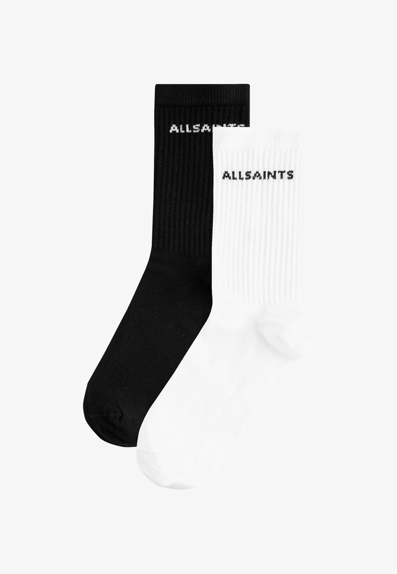 Mustvalged ribased sokid mustas ja valges, mille ülaosas on kontrastse tekstiga "ALLSAINTS" logo, valmistatud pehmest kangasegust.