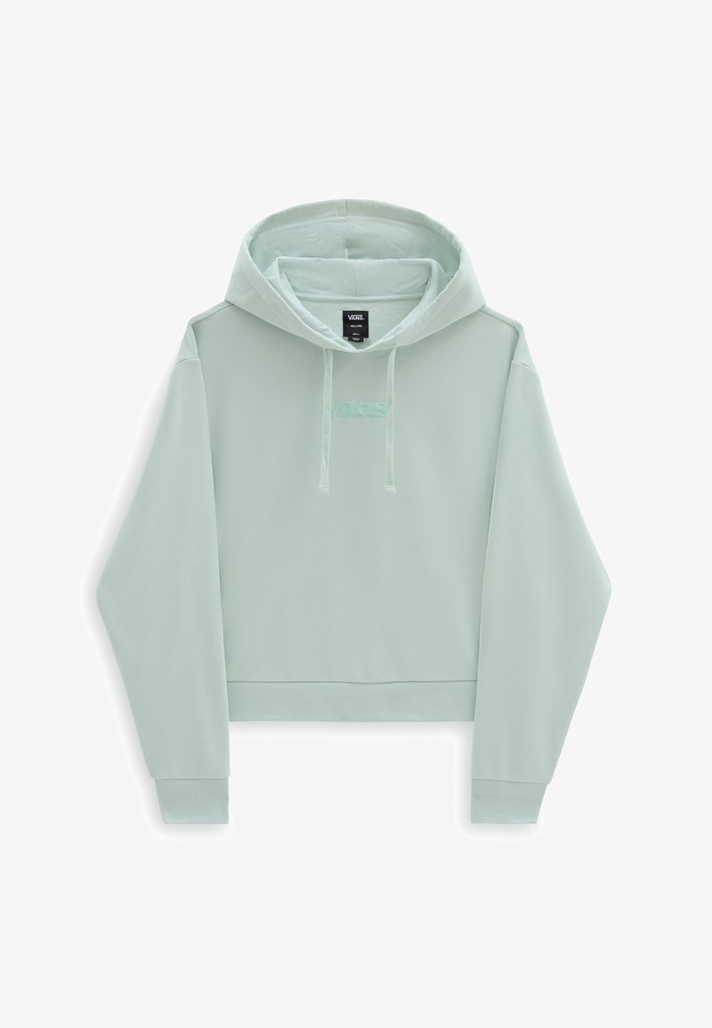 Sweat à capuche Vans vert clair avec capuche à cordon, manches longues, poignets côtelés et logo brodé discret sur la poitrine.