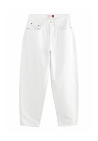 White denim trousers with a relaxed fit, featuring five pockets, contrasting stitching, and gold-tone hardware. Smooth texture, straight legs.
