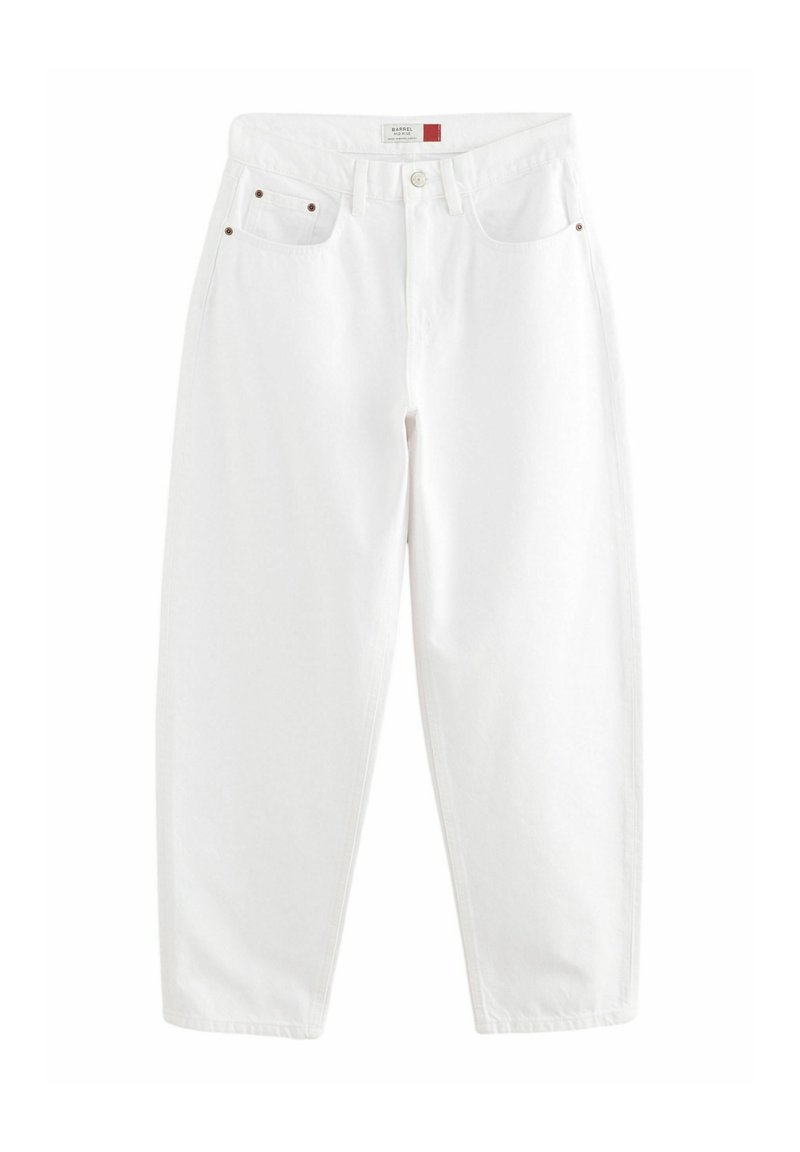 White denim trousers with a relaxed fit, featuring five pockets, contrasting stitching, and gold-tone hardware. Smooth texture, straight legs.