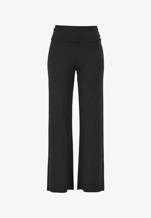 Black wide-leg trousers with a high, gathered waistband made of a soft, stretchy fabric, featuring smooth, even seams and no visible patterns.