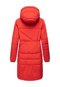 Red padded coat featuring a hood, diagonal quilted design, long sleeves, and side pockets. Smooth texture and mid-length cut.