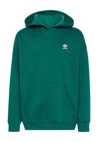 Felpa verde con cappuccio realizzata in tessuto misto cotone. Presenta una tasca a marsupio e un piccolo logo Adidas bianco sul petto.