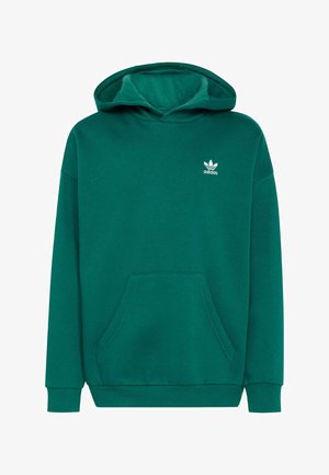 Zelená mikina s kapucí z bavlněného směsového materiálu. Má klokaní kapsu a malé bílé logo Adidas na hrudi.
