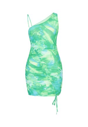 Zielono-niebieska sukienka mini w stylu tie-dye na jedno ramię, z cienkimi ramiączkami i marszczonym bocznym ściągaczem.