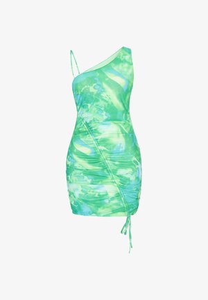 Grünes und blaues Batik-Minikleid mit einem schrägen Träger, dünnen Schulterriemen und gerafftem seitlichem Kordelzug.