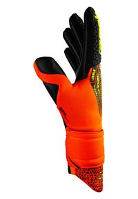 Gants de gardien de but avec un corps en néoprène orange, des doigts en latex noir, une surface texturée sur les bouts des doigts, et une sangle au poignet avec un motif noir-orange.