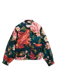 Μπουφάν με λουλουδάτο μοτίβο, μεγάλο στρογγυλεμένο γιακά, εμπρόσθιες κλείστρες τύπου toggle, δύο τσέπες με καπάκι και κουμπιά, και μακριά φουσκωτά μανίκια.