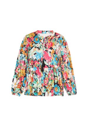 Blouse à manches longues avec un motif floral multicolore vif, encolure ronde avec lien et pompons, et détail froncé à la taille.