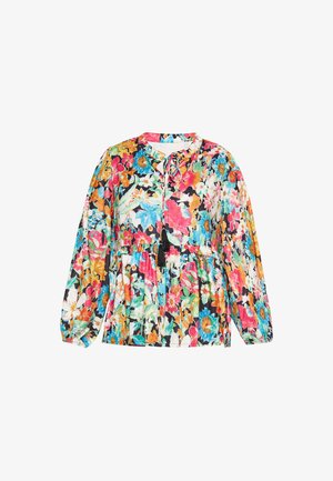 Pikkade varrukatega pluus erksate mitmevärviliste lillemustritega, ümmarguse kaelusega, paelade ja tutikestega ning kogutud vöökoha detailiga.