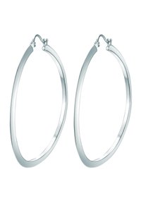 Sølv hoop øreringe med en glat, poleret overflade. De har en tynd, oval form og hængselåbning for nem påtagning.
