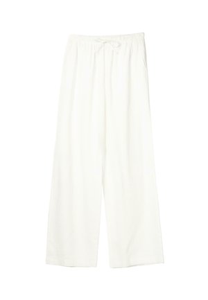 Pantalon blanc à jambes larges avec taille élastique et cordon de serrage, en tissu léger.