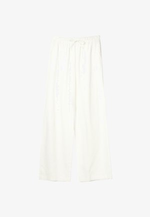 Pantalon blanc à jambes larges avec taille élastique et cordon de serrage, en tissu léger.