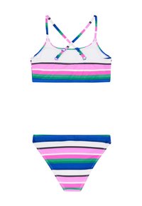 Bikini set s višestrukim prugama, koji uključuje kratku majicu s križanim naramenicama i odgovarajuće donje dijelove s niskim strukom. Boje uključuju ružičastu, zelenu, plavu i crnu.