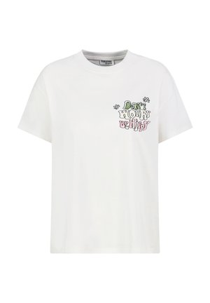 White short-sleeve T-shirt with round neck, small colorful text "Don't Worry Be Hippy" and flower doodles on the left chest.