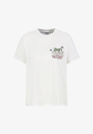White short-sleeve T-shirt with round neck, small colorful text "Don't Worry Be Hippy" and flower doodles on the left chest.