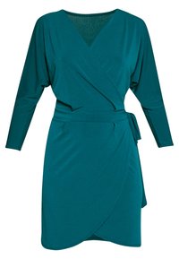 Teal wrapklänning med långa ärmar, v-ringning och bälte i midjan. Tillverkad av mjukt, slätt tyg med draperad framsida och asymmetrisk nederkant.
