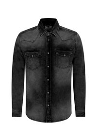 Zwarte denim overhemd met drukknoopsluitingen, lange mouwen, twee borstzakken en een vervaagde afwerking. Heeft een schouderinleg.