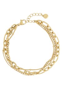 Bracciale a catena sovrapposta in tonalità oro, con vari stili di maglie e un gancio a moschettone. Include una catena regolabile con un piccolo ciondolo.