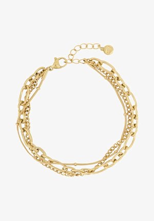 Goldfarbener, mehrlagiger Kettenarmreif mit verschiedenen Gliedstilen und einem Karabinerhaken. Enthält eine verstellbare Kette mit einem kleinen Anhänger.