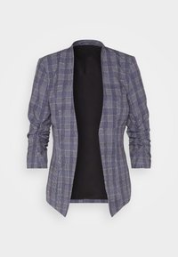 Blazer à carreaux gris avec devant ouvert, manches longues et intérieur noir lisse. Caractérisé par un tissu texturé et une forme structurée.
