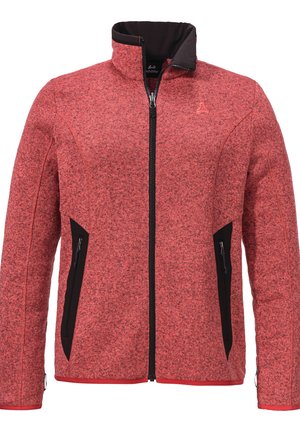 Rote strukturierte Zip-Jacke mit schwarzem Kragen, ausgestattet mit schwarzen Reißverschluss-Seitentaschen und kontrastierenden schwarzen Akzenten an Ärmeln und Körper.